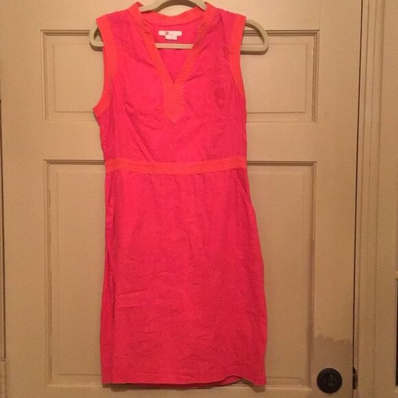 Boden Sleeveless Pink Linen Notch Neck Dress With Pockets - Picture 3 of 10
